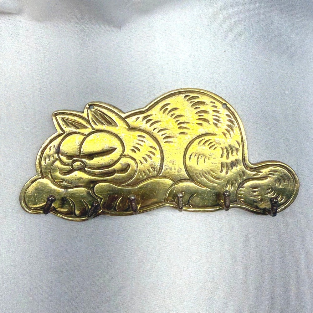 Vintage Garfield Brass Key Rack Wall Hook Holder Gold 7.5in Fair 1980s Comic Cat